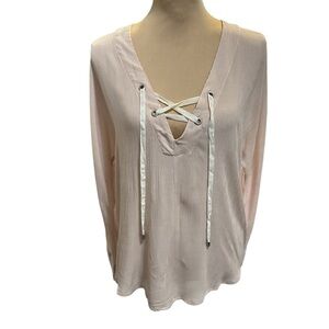 Olivaceous Micro Striped, V-Neck, Tie Lace Front, Long Sleeve Blouse Size M  NWT